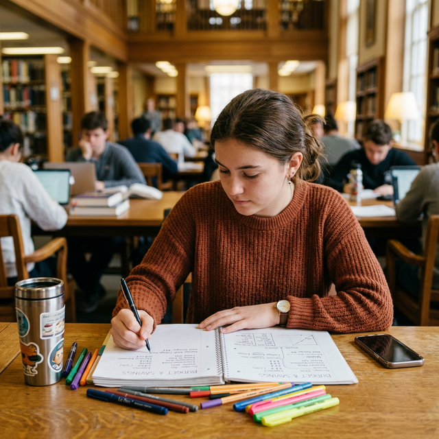 Chica joven en biblioteca aprendiendo sobre ahorro