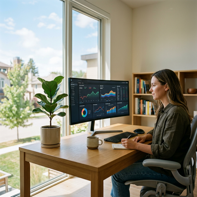 Mujer trabajando desde home office con gr�ficas financieras