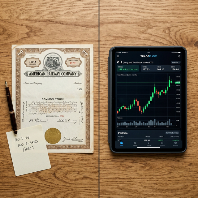 Vista cenital de escritorio dividido entre papel y tablet moderna