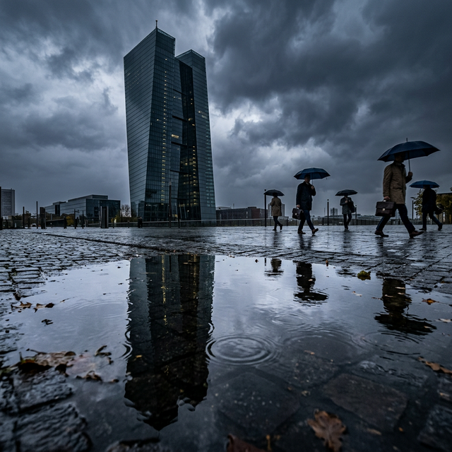 Edificio del Banco Central Europeo reflejado en un charco