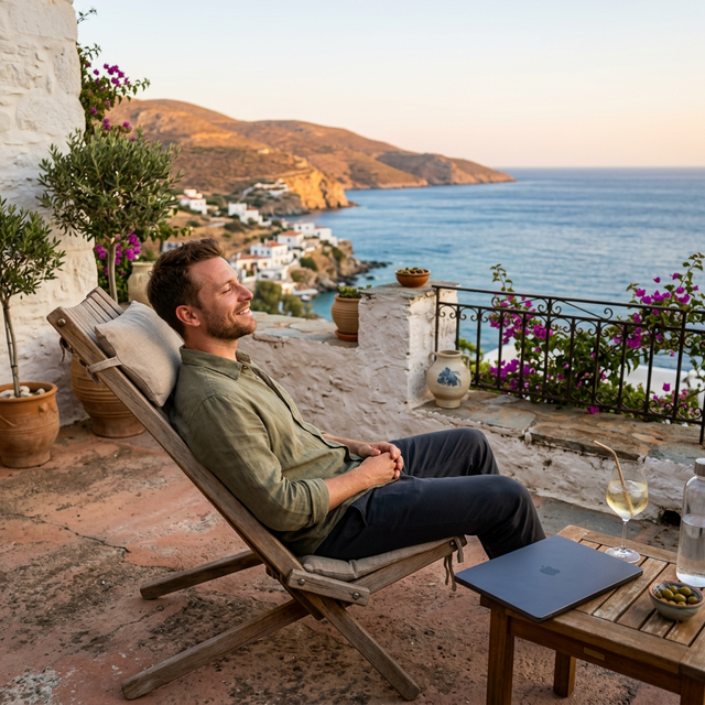 Joven disfrutando de la libertad financiera en una terraza mediterránea