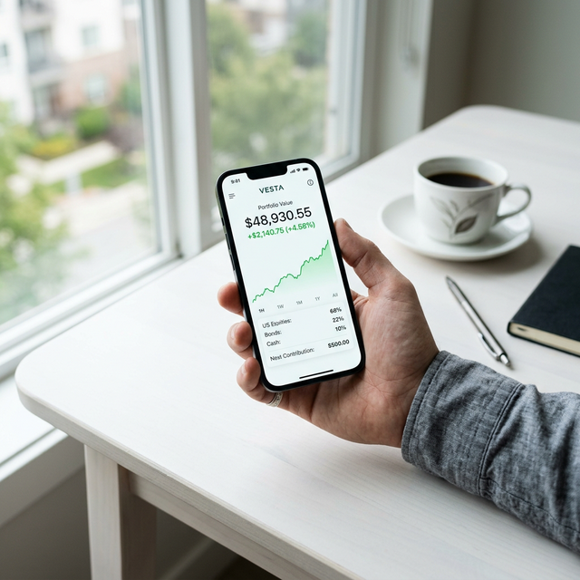 App de inversión en smartphone mostrando cartera diversificada