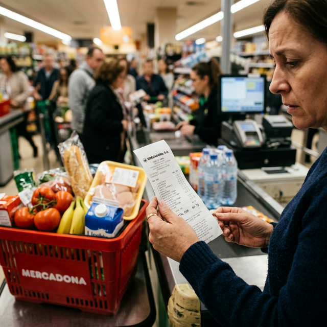 Mujer mirando ticket de compra en supermercado